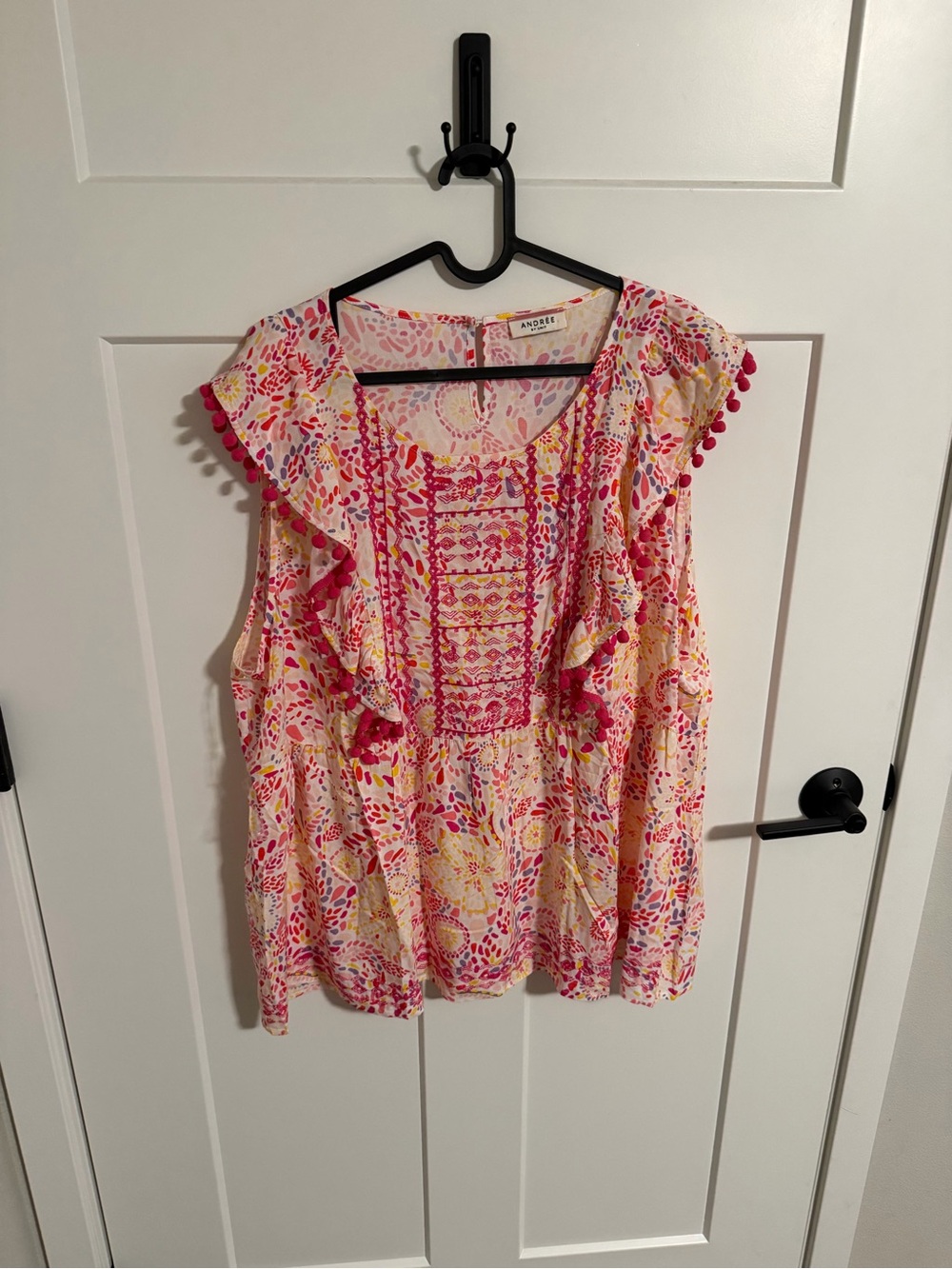 Andree Pink Floral Pom-Pom Ruffle Tank Top